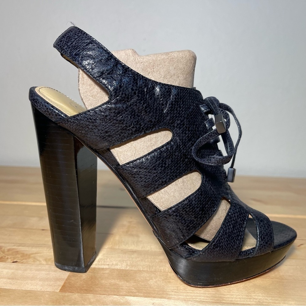 Coach Moreen Black Leather Platform Lace Up Pump Sandal Slingback Heels Size 7.5
